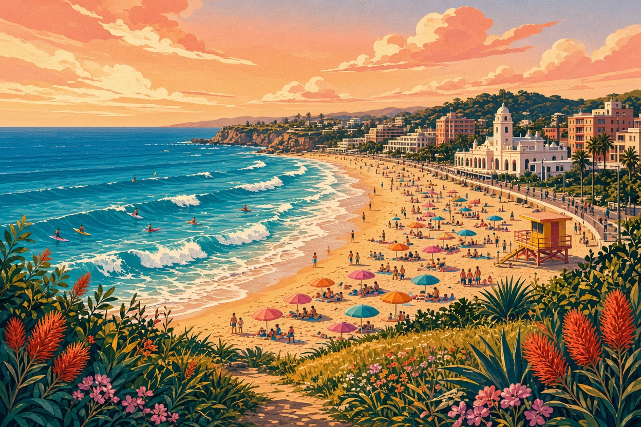 Bondi Beach in summer — golden sand, umbrellas and surf