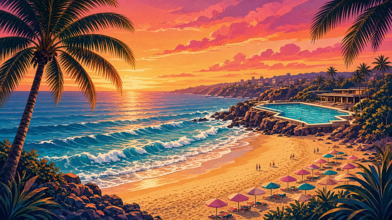 Bondi Beach at sunset with the Icebergs pool