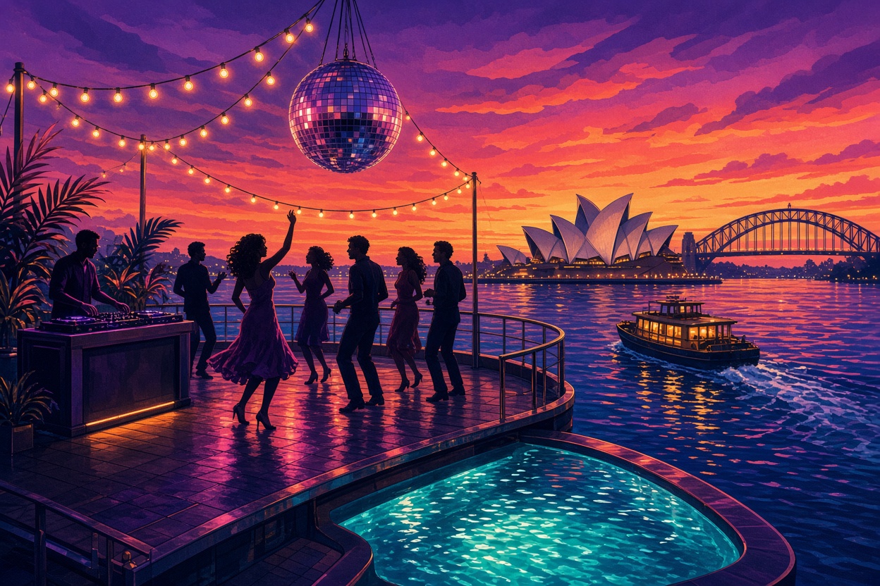 Floating beach club on Sydney Harbour at dusk with the Opera House behind
