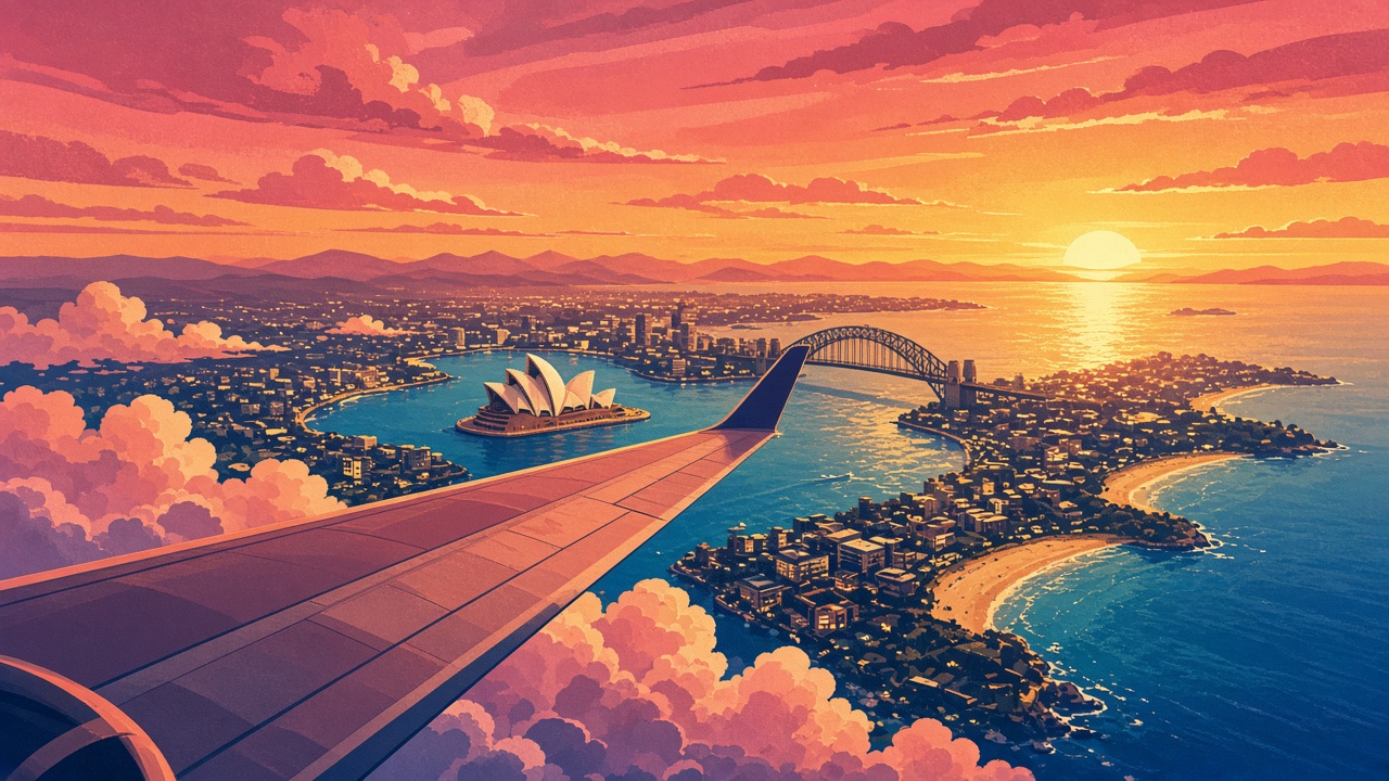 Jet flying over Sydney Harbour at sunrise